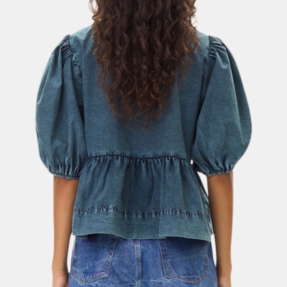 GANNI Sky Captain Blue Cotton Poplin Tie Blouse in size 12 - Picture 2 of 14